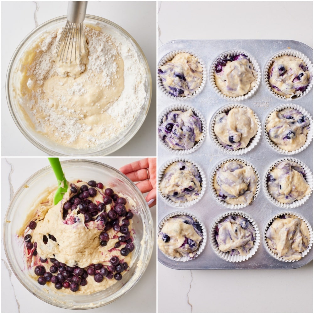 Spourdough Blueberry Muffins step4 Combine the wet and dry ingredients until just mixed, then gently fold in the blueberries. Divide the batter evenly among the muffin cups.