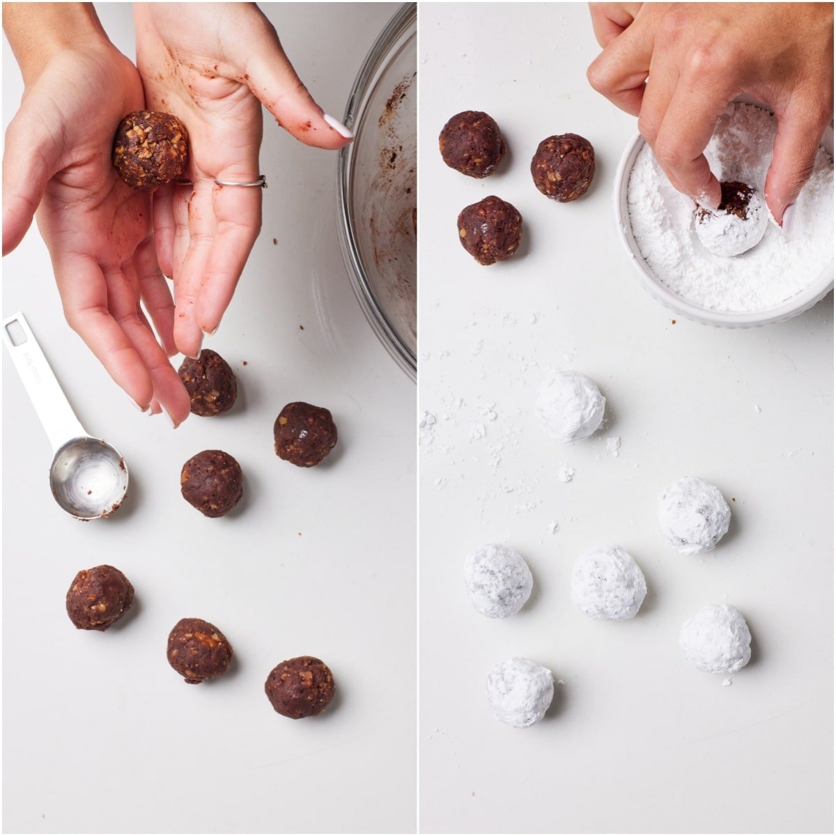 Roll whiskey balls dough into individual balls and coat each with powdered sugar. 
