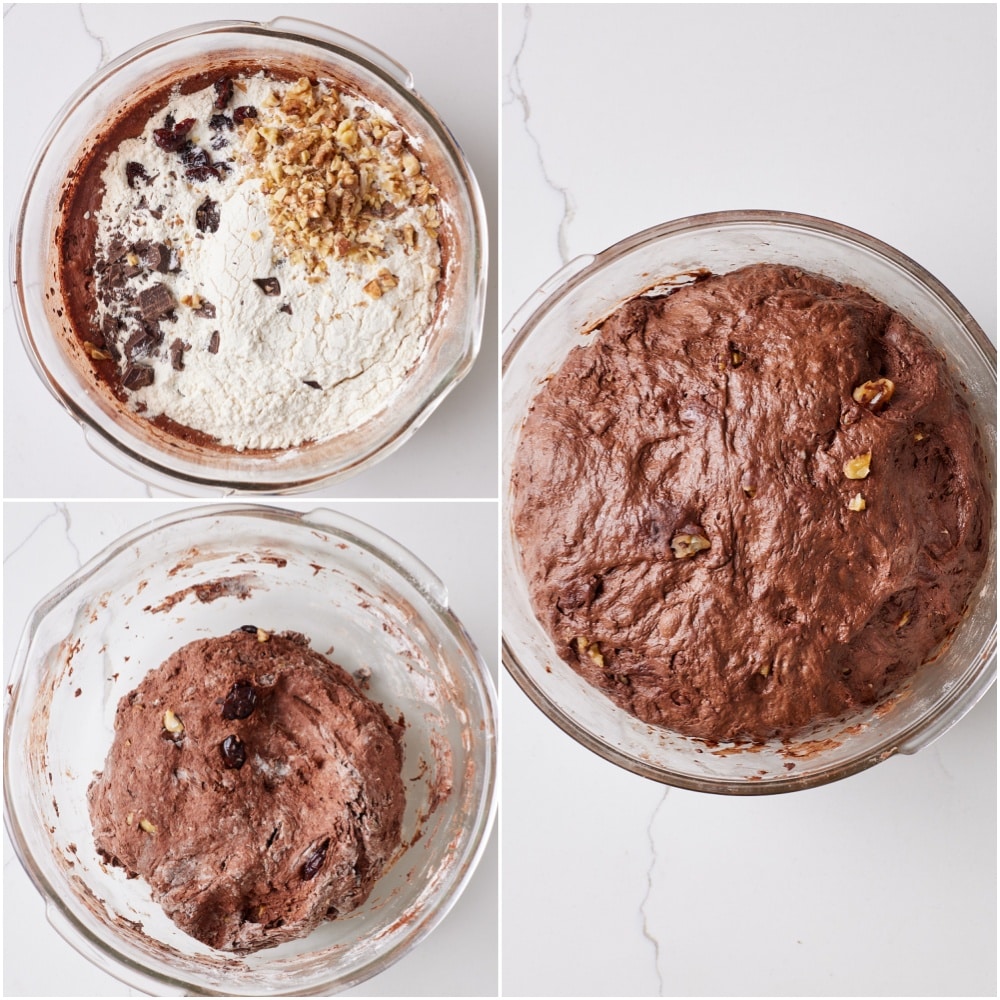 Chocolate Sourdough Bread step2 Add dry ingredient to the wet mixture bowl, mix until it forms a dough and let it rest until doubles in size.