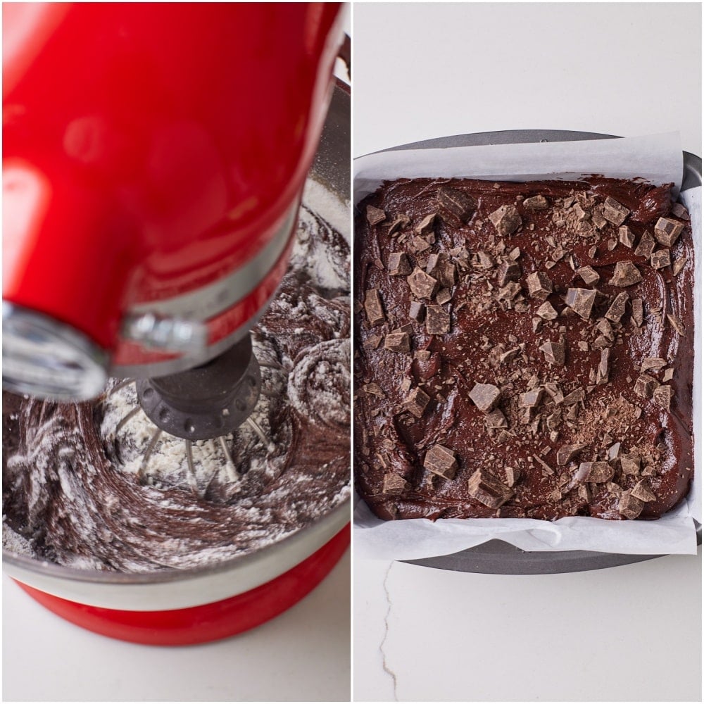 Sourdough Brownies step5 Add in chopped chocolate and flour, pour the batter into the prepared pan and sprinkle the remaining chocolate chunks over the top.