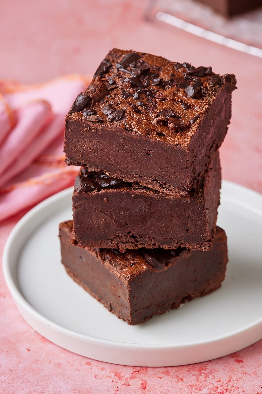 Sourdough Brownies9 Three squares of sourdough brownies stacked together.
