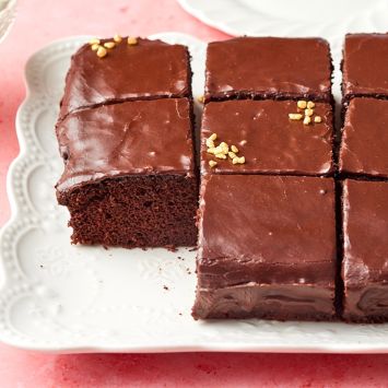 Easy Chocolate Frosting is used on the moist chocolate cake served on the platter.