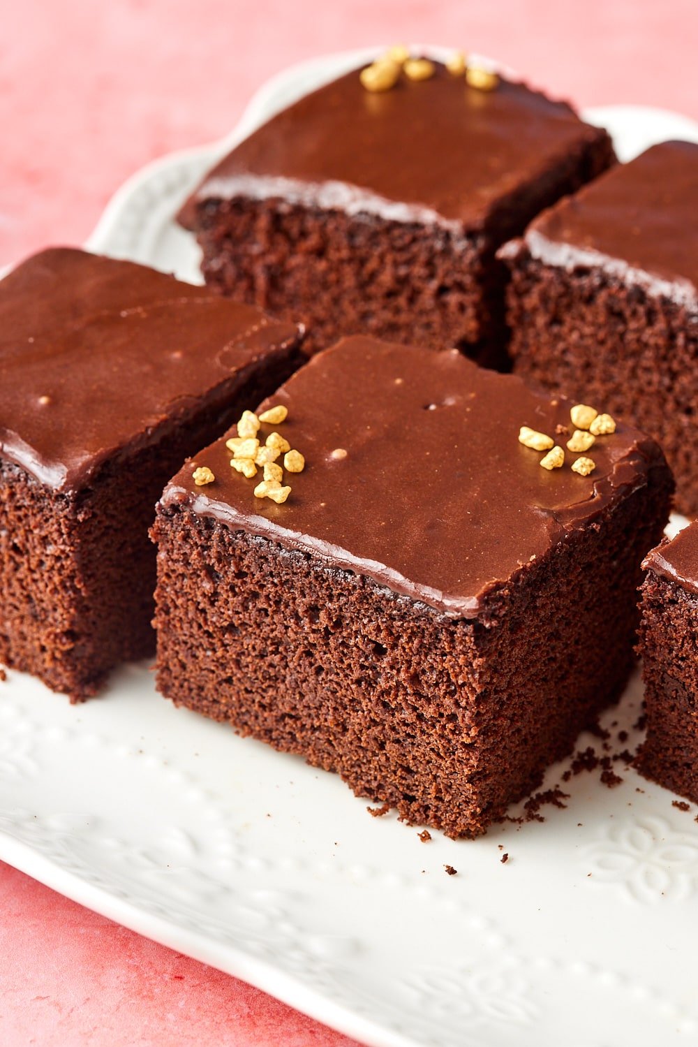 Moist chocolate cake topped with 1 minute chocolate frosting.