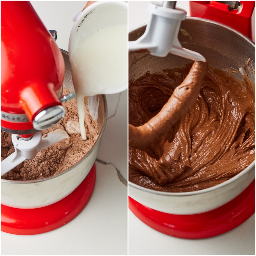 Chocolate Coffee Cake step8 Reduce to low speed and alternate adding the dry ingredients and buttermilk, mixing until just combined.