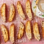Top-down view of Lemon Biscotti on the cooling rack, served with tea.