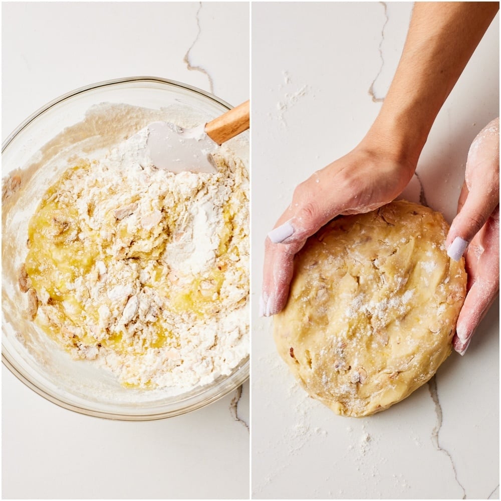 Add in flour: Add the flour mixture and stir until a shaggy dough forms, then gently knead just until combined. 