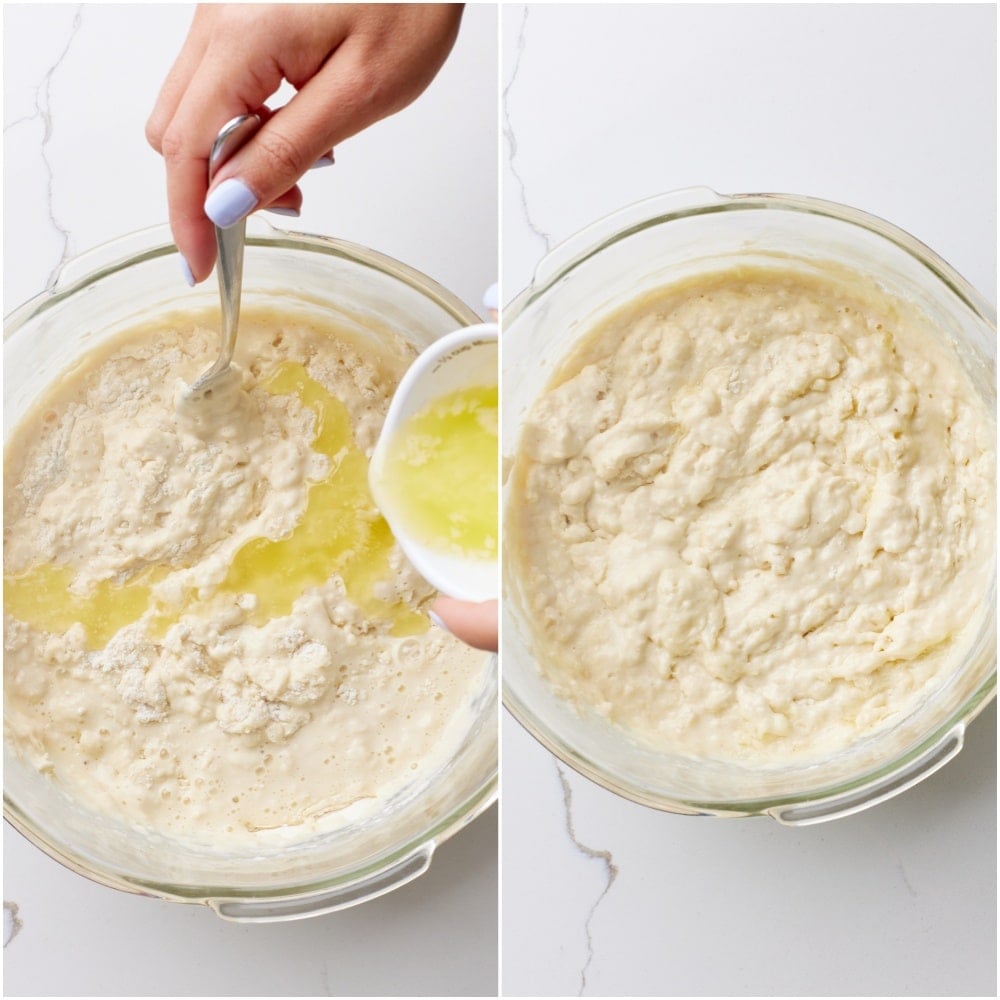 Combine Lemon Pancakes wet and dry ingredients together until the large lumps disappear. The batter should still have small lumps throughout.