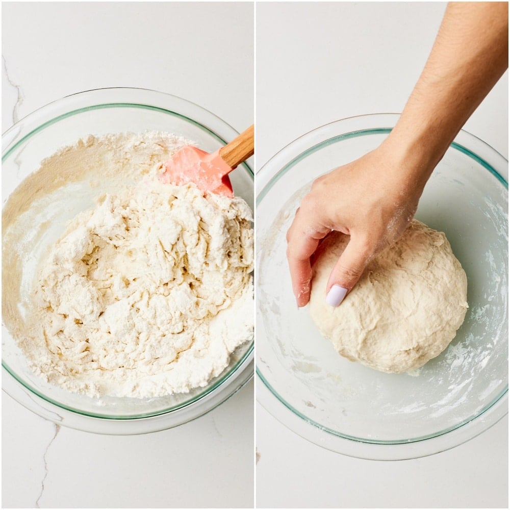 Add the flour and salt and stir until a shaggy dough forms, then knead by hand until smooth and soft.