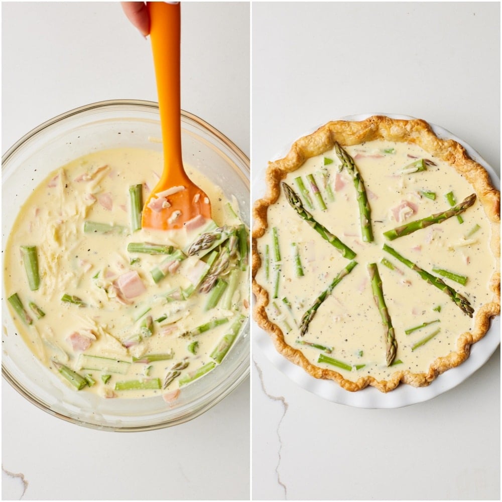 Asparagus and Ham Quiche step6 Fold in the asparagus, ham, and cheddar cheese into the egg mixture, then pour the filling into the prepared crust.