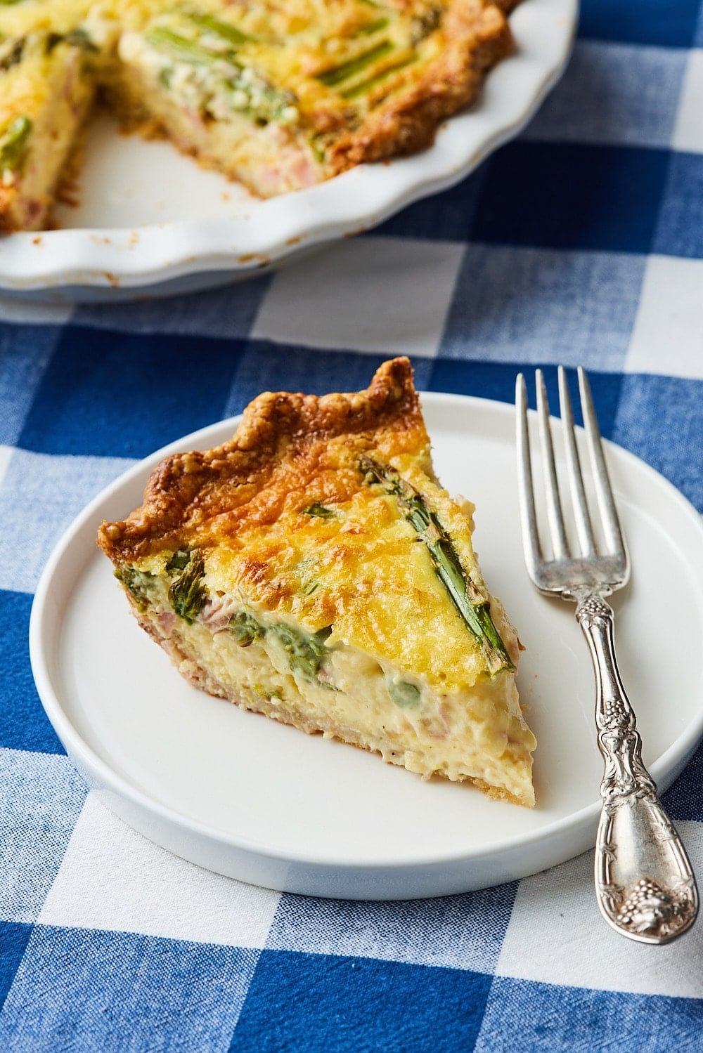 Asparagus and Ham quiche10 A slice of Asparagus and Ham quiche.