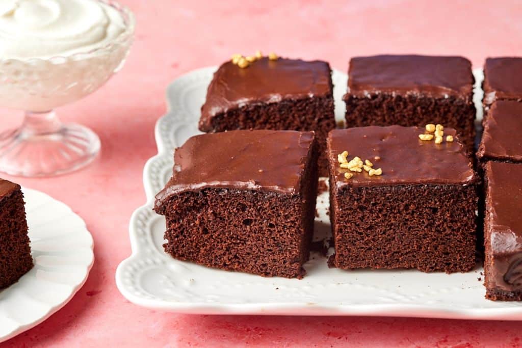 Close-up shot at one bowl chocolate cake showing the moist crumb and silky frosting.