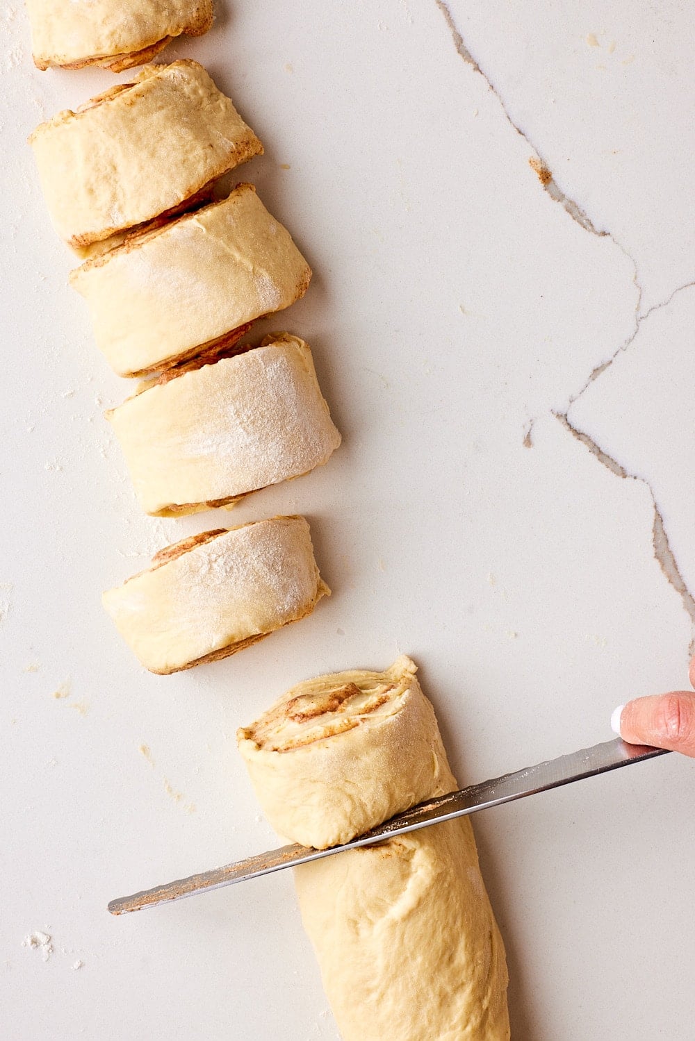 Sourdough Cinnamon Rolls11 Using a serrated knife, slice the log into 9 equally-sized pieces, about 2 inches (5 cm) long.