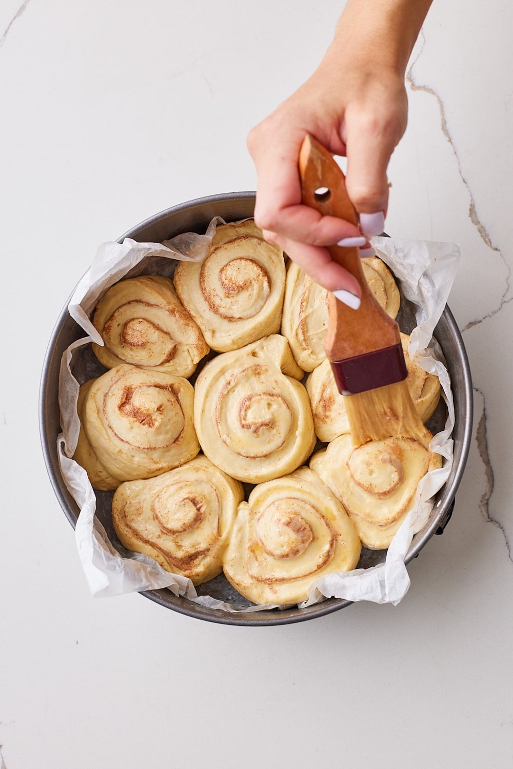 Sourdough Cinnamon Rolls14 Brush top with egg wash before baking.