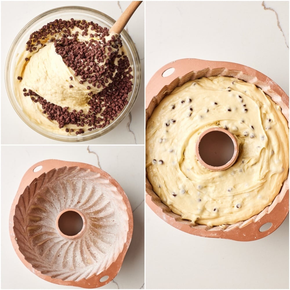 Chocolate Chip Pound Cake step6 Fold in the chocolate chips, then spread the cake batter evenly into the prepared pan.