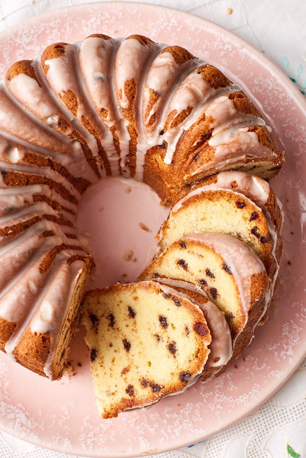 chocolate chip pound cake12.1 Top-down view of the chocolate chip pound cake with part of it sliced