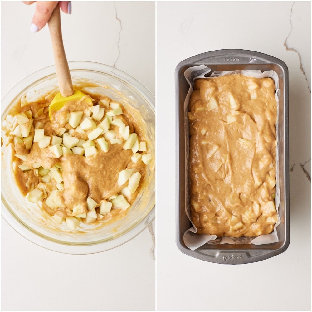 Apple Loaf Cake step4 Fold in the apples, then spread the batter evenly into the prepared pan.
