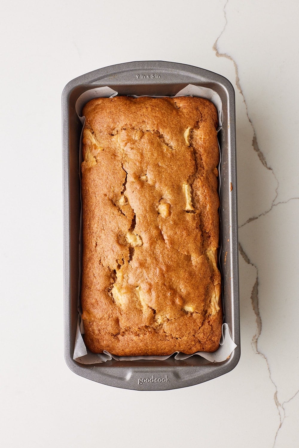 Apple Loaf Cake6 Top-down view of Apple Loaf Cake baked gold brown in the tin.
