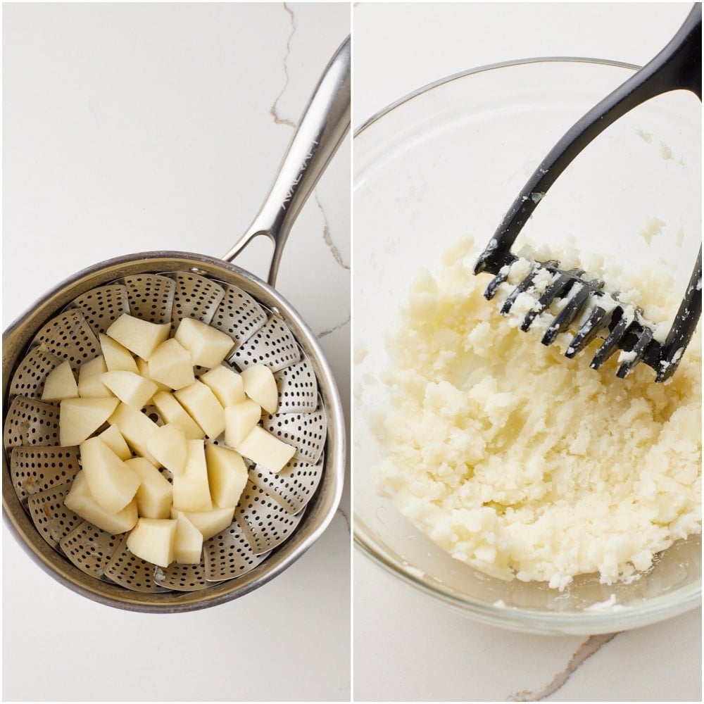 Boxty Recipe (Irish Potato Pancakes) step2 Steam then mashed the potatoes.