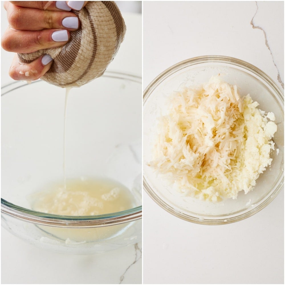 Boxty Recipe (Irish Potato Pancakes) step4 Wring the grated potato in a towel to extract as much liquid as possible, then add it to the bowl of mashed potatoes and toss to combine.
