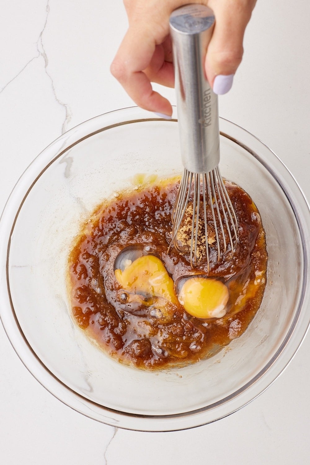 Brown Butter Oatmeal Cookies4 Whisk the eggs, brown sugar, and vanilla extract into the brown butter.