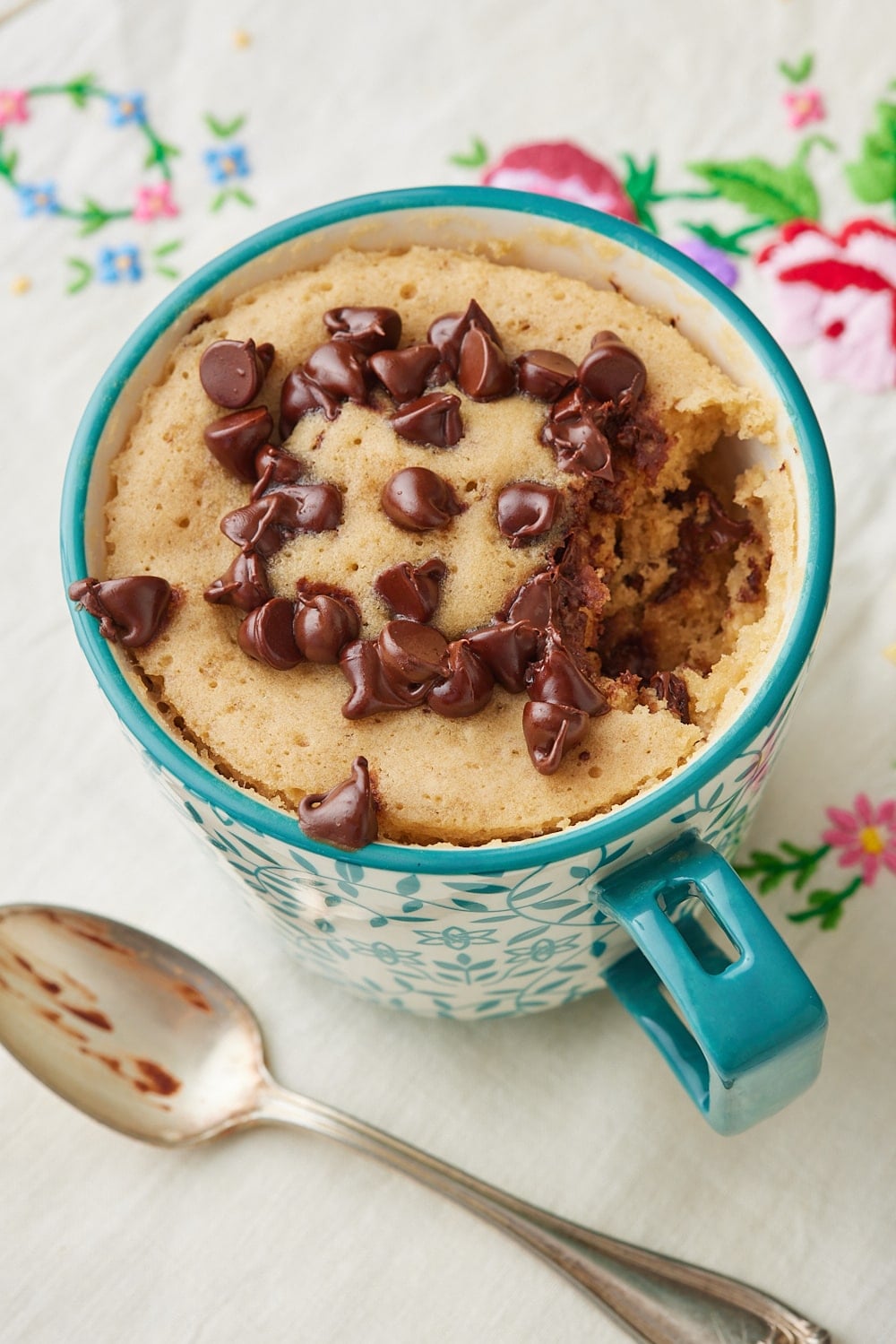 Chocolate Chip Mug Cake with moist crumb and rich chocolate chips. 