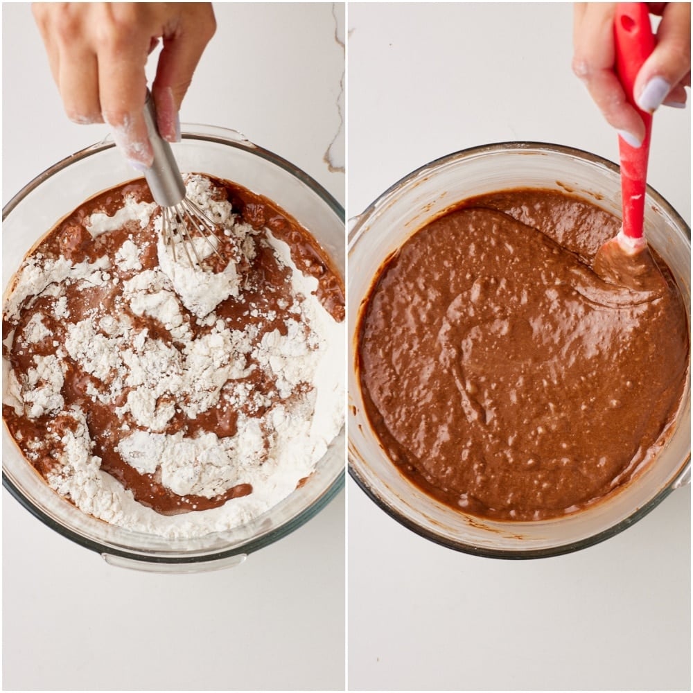 Chocolate Mayonnaise Cake step5 Fold the chocolate mayonnaise cake dry ingredients into the wet until just combined.