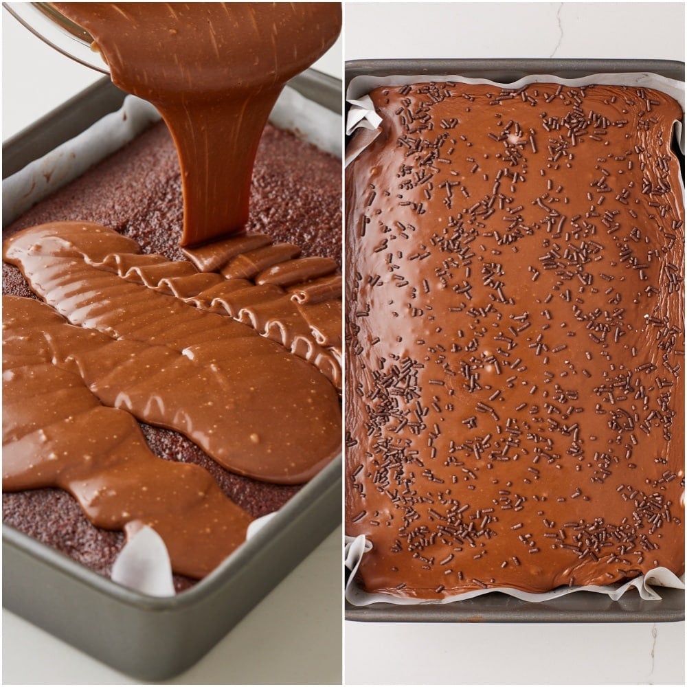 Coca Cola Cake step11 Pour the warm frosting over the warm cake and spread evenly, then decorate with sprinkles.