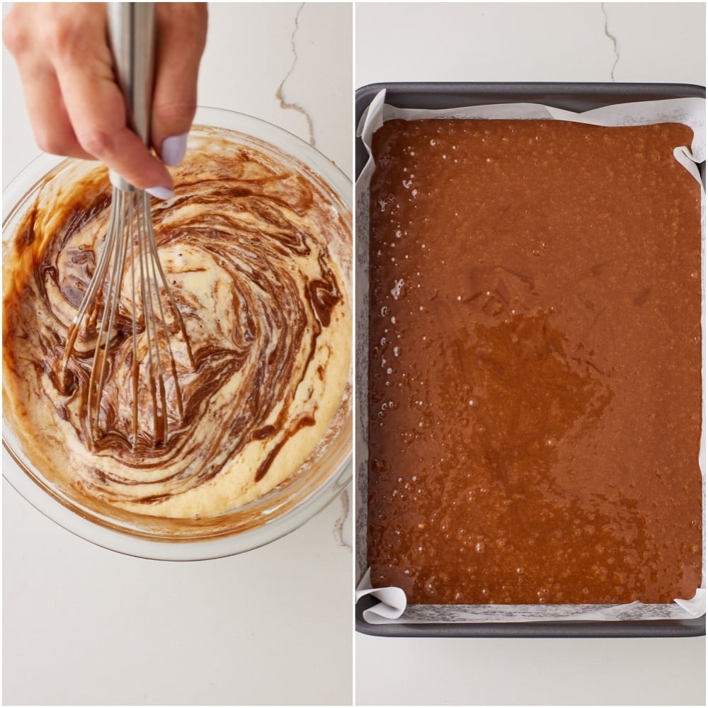Coca Cola Cake step6 Whisk in the egg mixture until fully combined, then pour batter into the prepared pan.