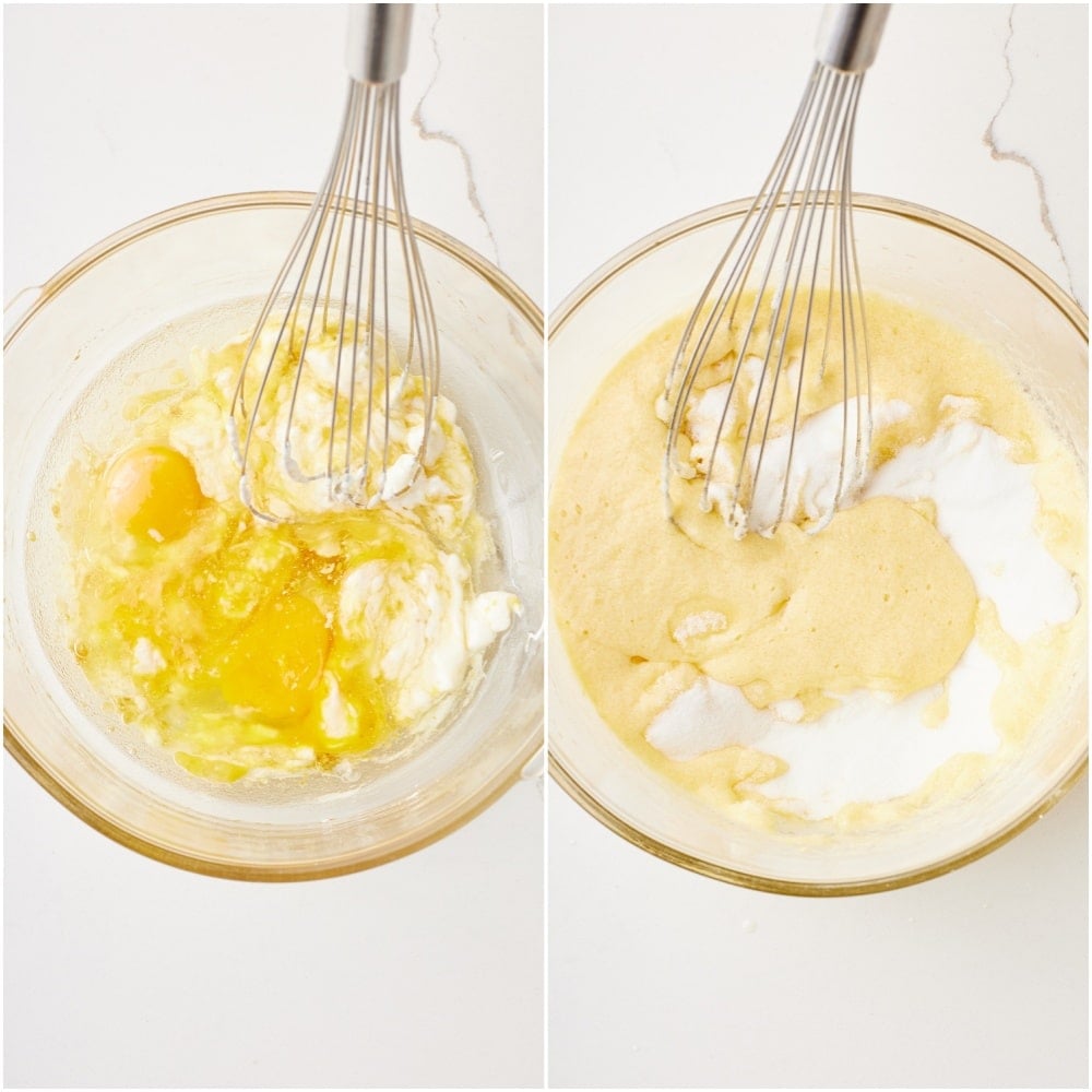 Mix in eggs and flavorings. Whisk in the eggs, vanilla extract and lemon zest until fully combined. 