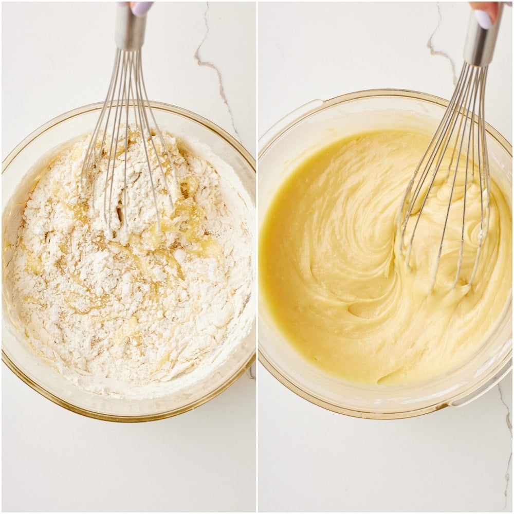 Dry ingredients are added to the yogurt egg mixture. 