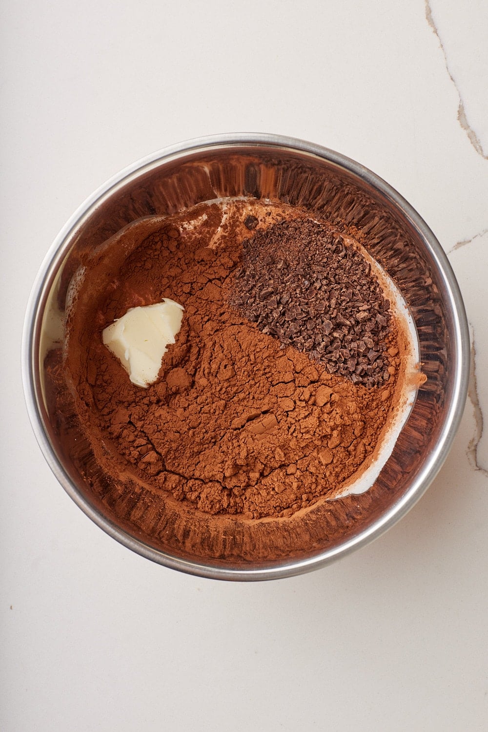 Hot Fudge Sauce2 All ingredients added to a stainless steel bowl.