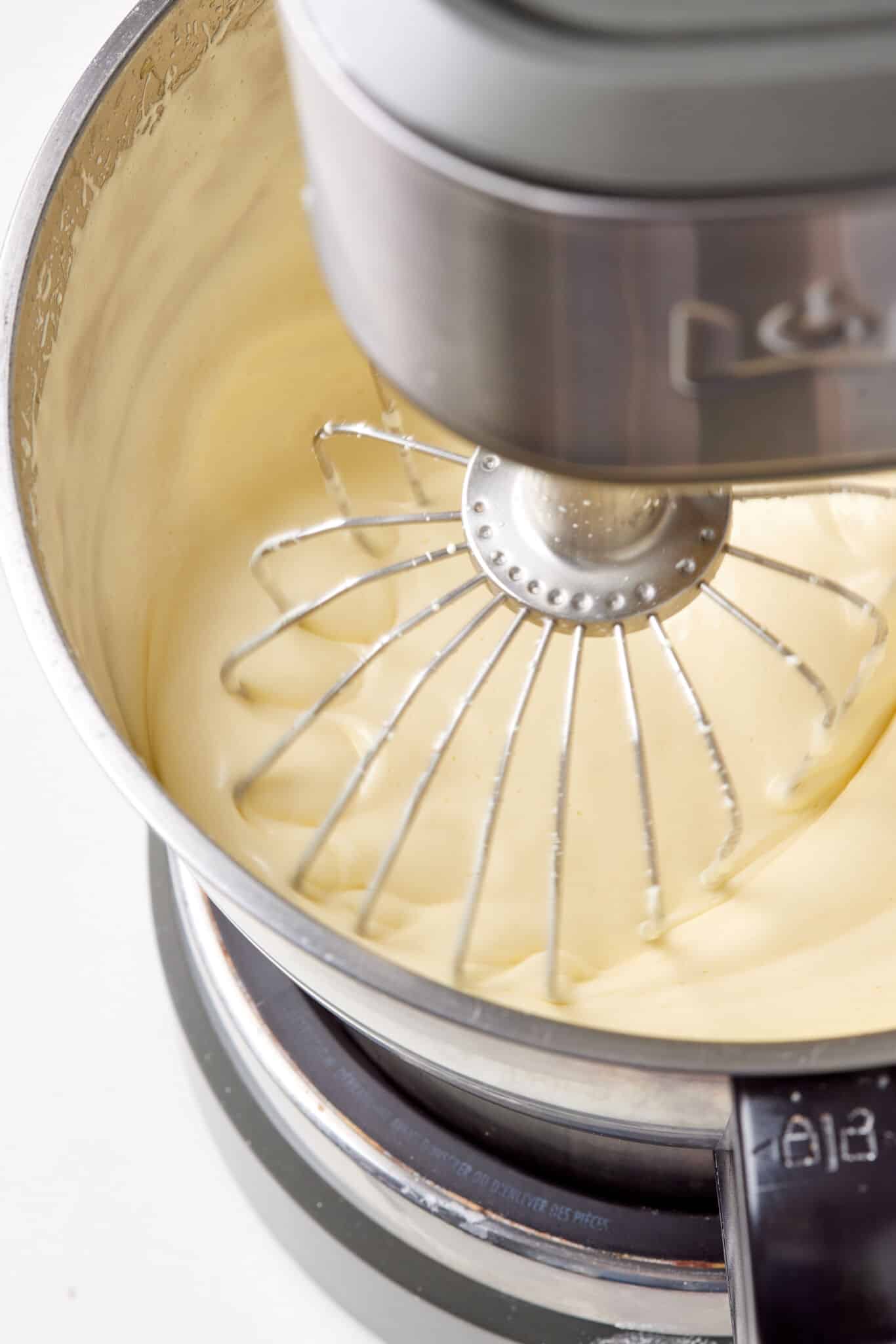 Hot Milk Cake5 In the bowl of a stand mixer fitted with a whisk attachment (or using a handheld mixer), whip the eggs, sugar, and salt on medium-high speed for about 5 minutes, until thick, pale, and tripled in volume.