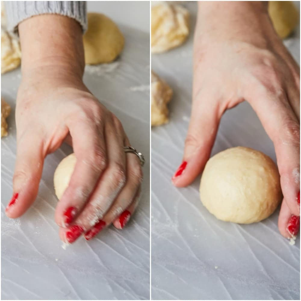 Shape each piece of dough on a lightly floured work surface into a ball with no lumps. 