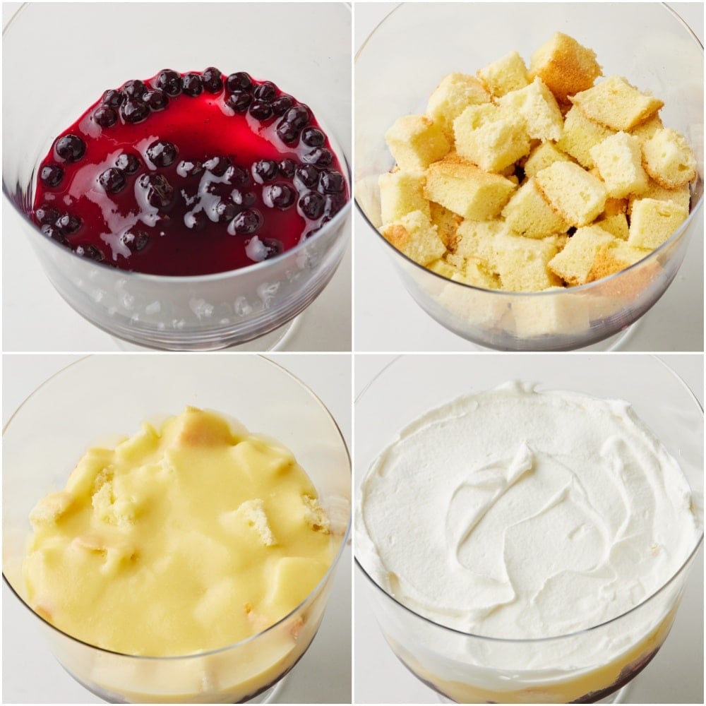 Layer half of the blueberry topping, half of the angel food cake cubes, half of the lemon curd and half of the whipped cream. 