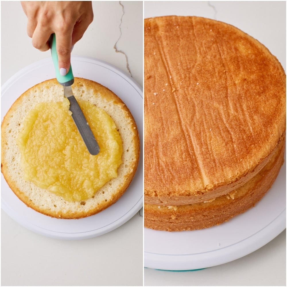 Pineapple Coconut Cake step13 Place one layer on a serving plate, spread on the pineapple filling, then top with the second layer.