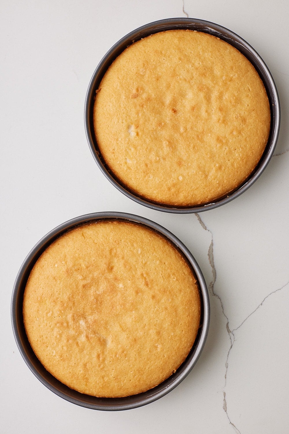 Pineapple Coconut Cake10 Top down view of two pans of cakes baked golden and set.