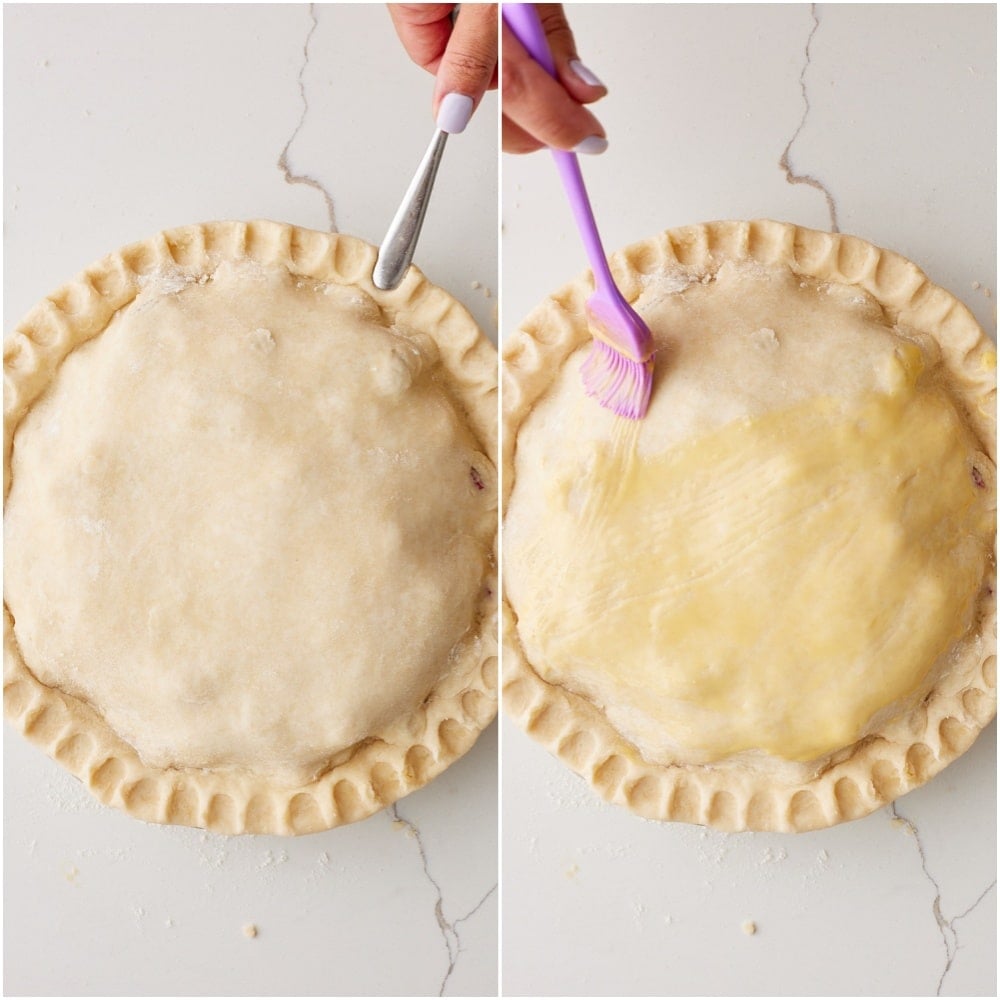 Rhubarb Pie Recipe step10 Press the edges together, trim to a 1-inch (2 ½ cm) overhang, then tuck under and crimp.