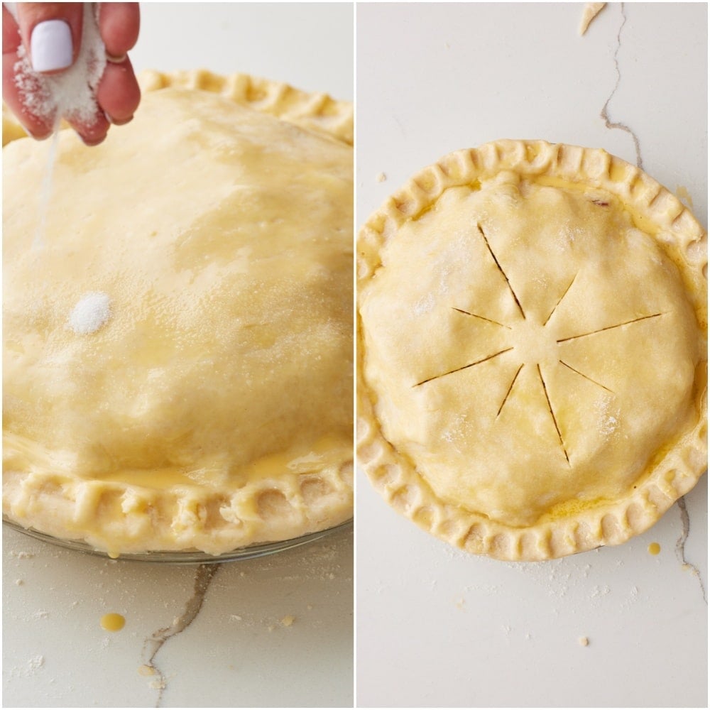 Rhubarb Pie Recipe step11 Cut slits in the top crust to vent, then brush with egg wash and sprinkle with sugar.