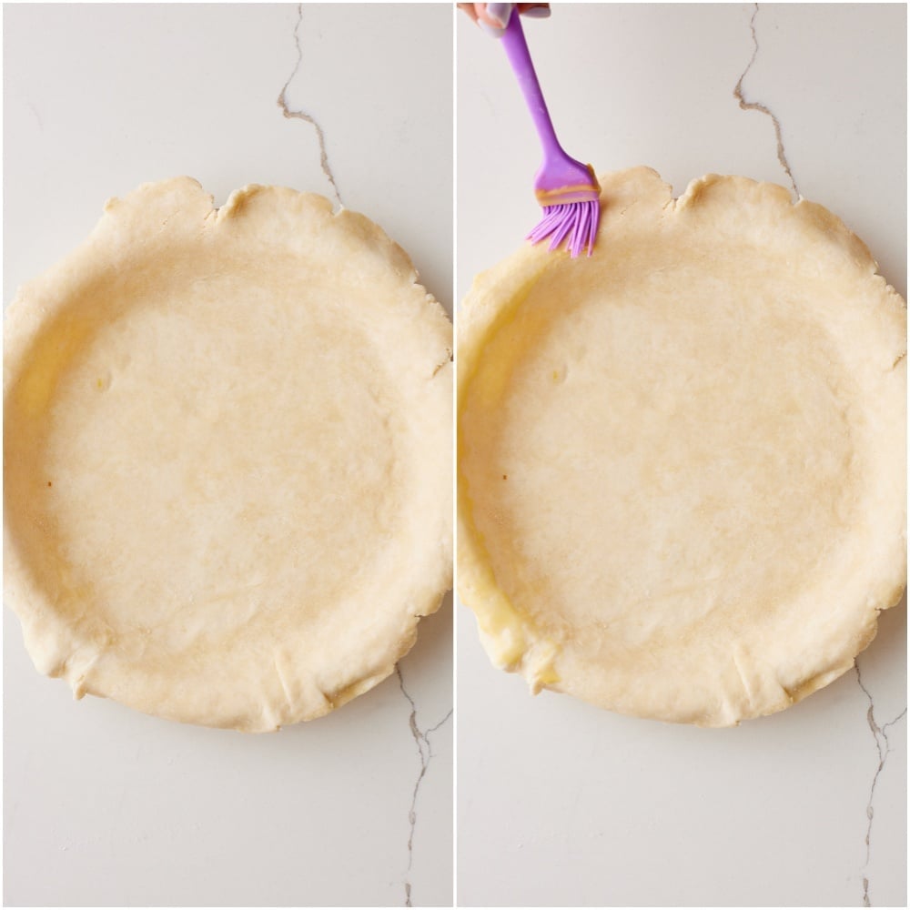 Rhubarb Pie Recipe step7 Line a 9-inch (23 cm) pie dish with the dough and brush the edges lightly with egg wash.