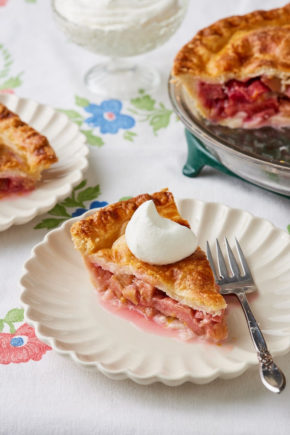 Rhubarb Pie12 A close-up shot at a slice of rhubarb with golden flaky crust and gooey filling served with whipped cream on top.