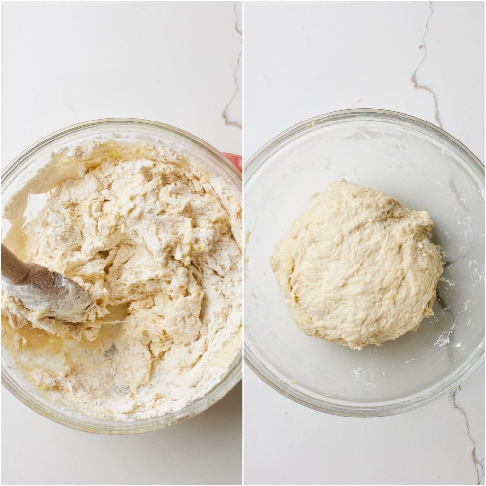 Mix dry ingredients and wet ingredients until a shaggy, sticky dough forms.