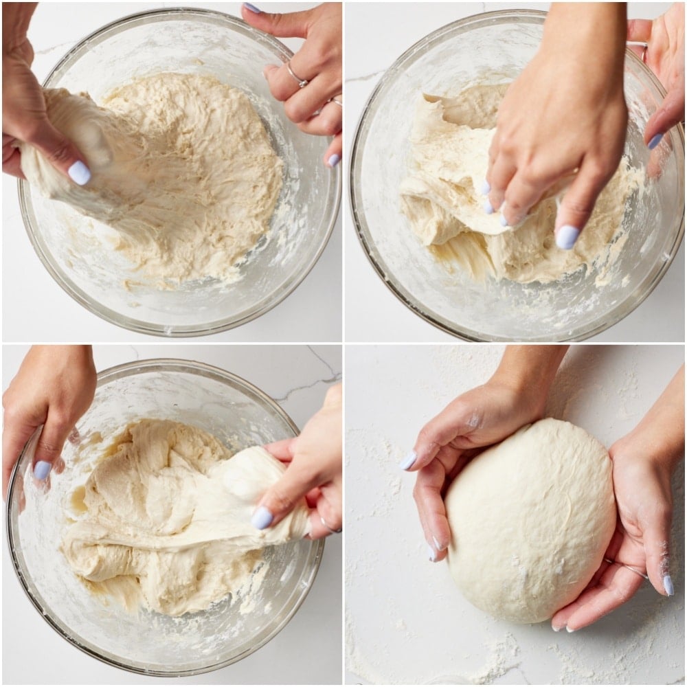Using damp hands, stretch and fold the edges into the center (about 4-5 times) until the dough tightens and forms a ball.