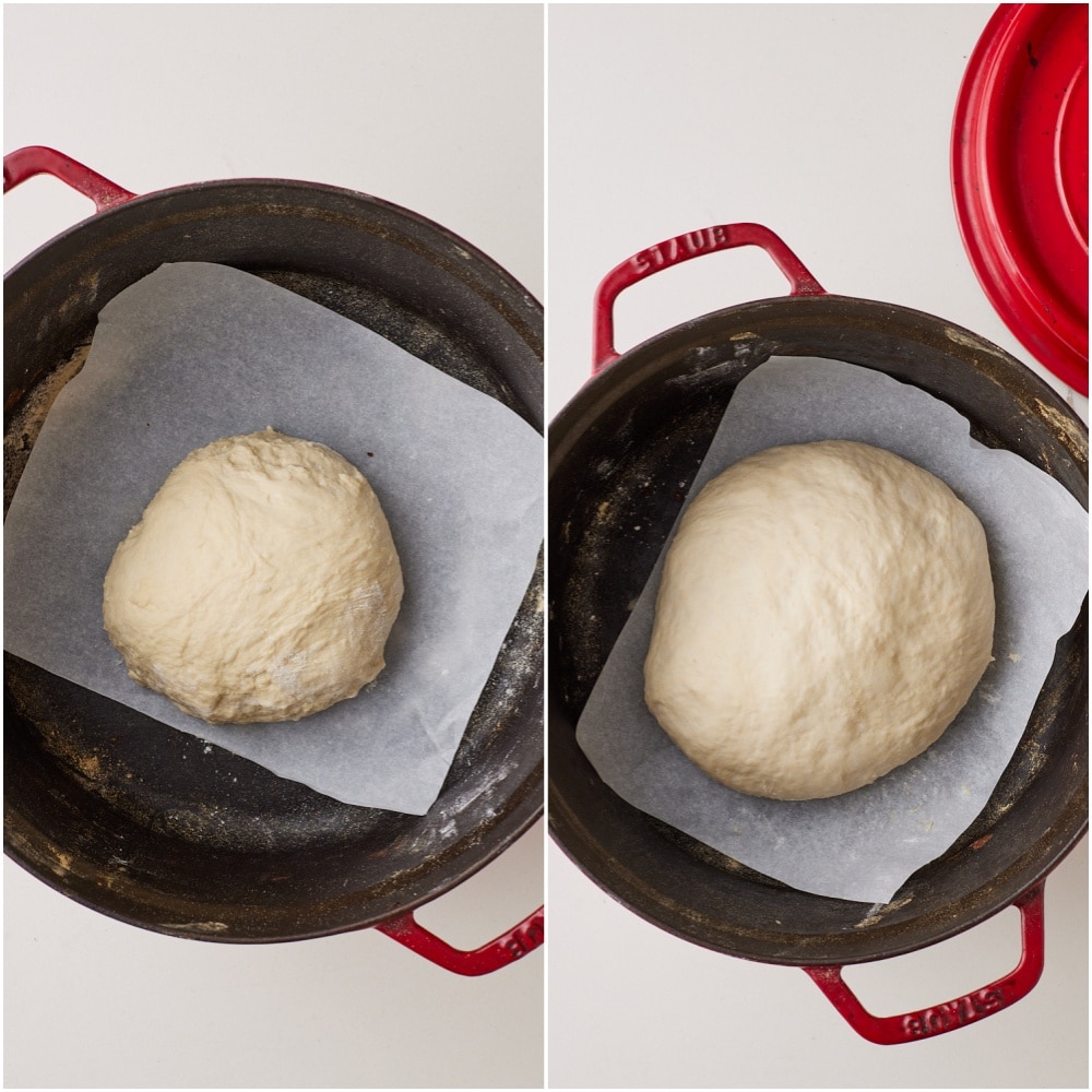 Line a small Dutch oven with parchment and place the dough seam-side down inside. Place on the lid and let rise again until puffy.