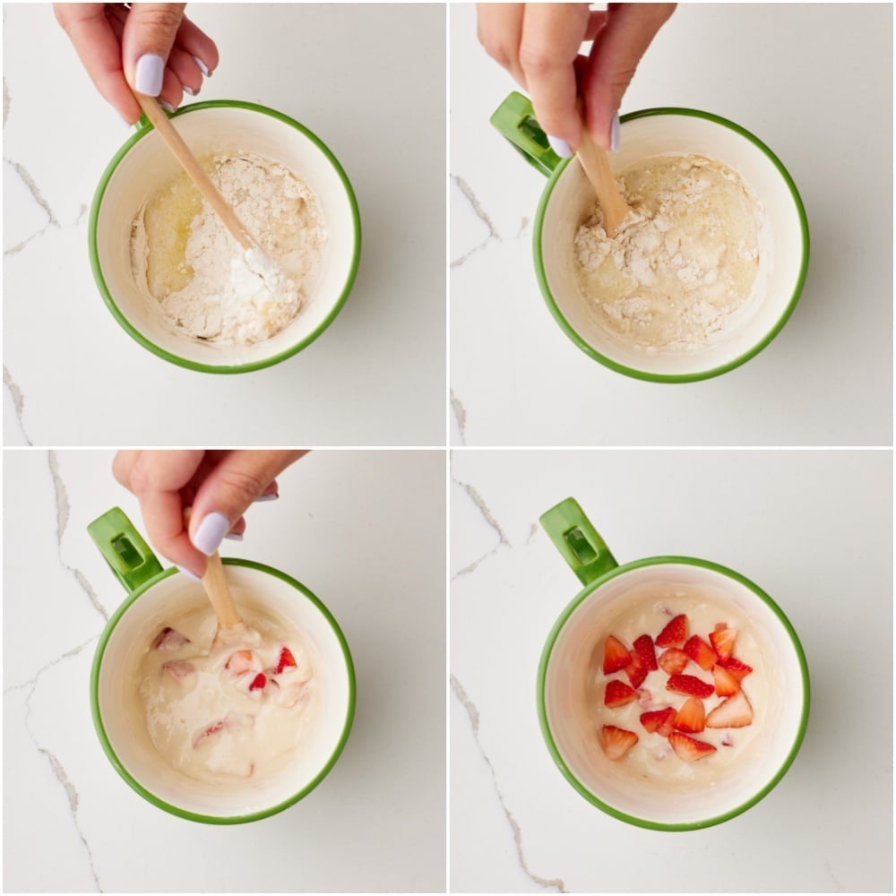 Starwberry Shortcake Mug Cake step3 Add the flour, sugar, baking powder, and salt, and mix until smooth, then fold in the strawberries.