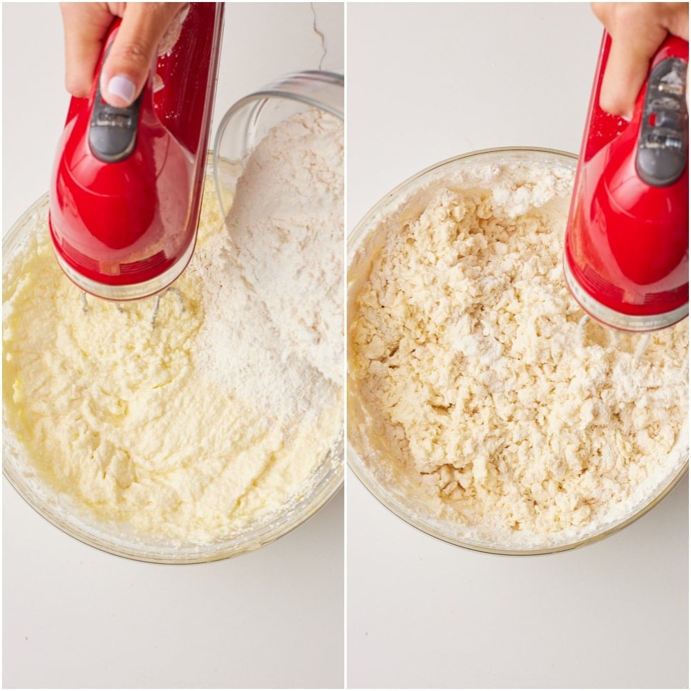 Fold in the dry mixture. Reduce the speed to low and add the flour mixture in three additions, mixing just until combined.