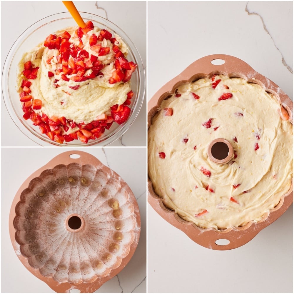 Fold in berries. Gently fold the strawberries into the batter, then spread evenly into the prepared pan. 