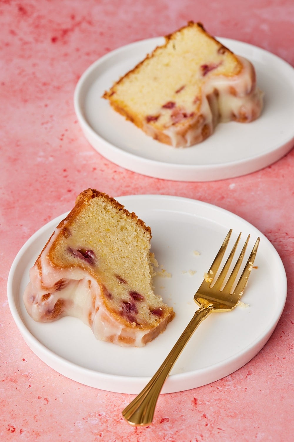 Two slices of Strawberry Lemon Pound Cake served. 