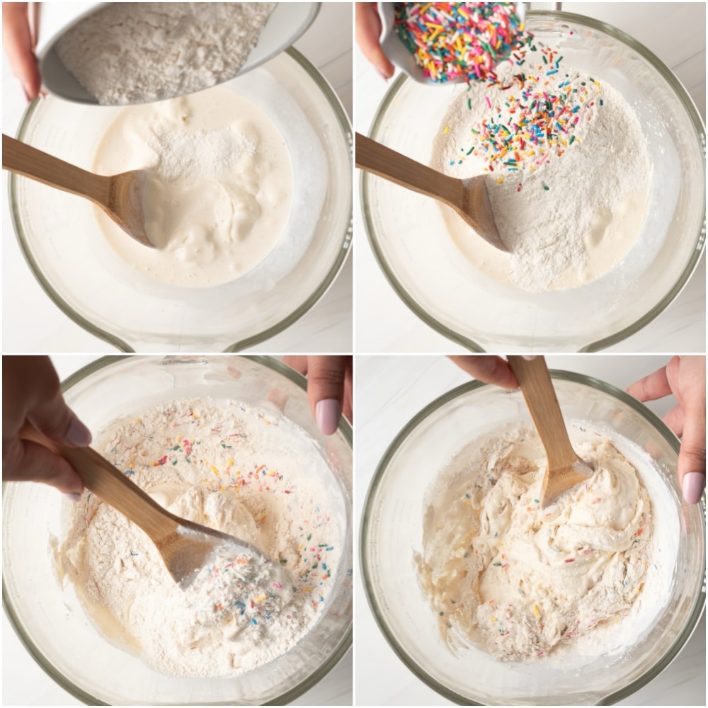 Ice Cream Bread step3 Add the self-rising flour and 2 tablespoons of sprinkles, taking care not to overmix.