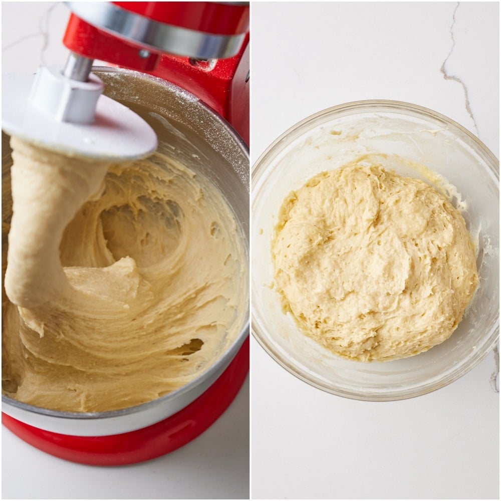 Sally Lunn Buns step5 Combine wet and dry ingredients. Pour in the wet ingredients and mix on medium speed for about 6 minutes, until a very soft, sticky, and stretchy dough forms.