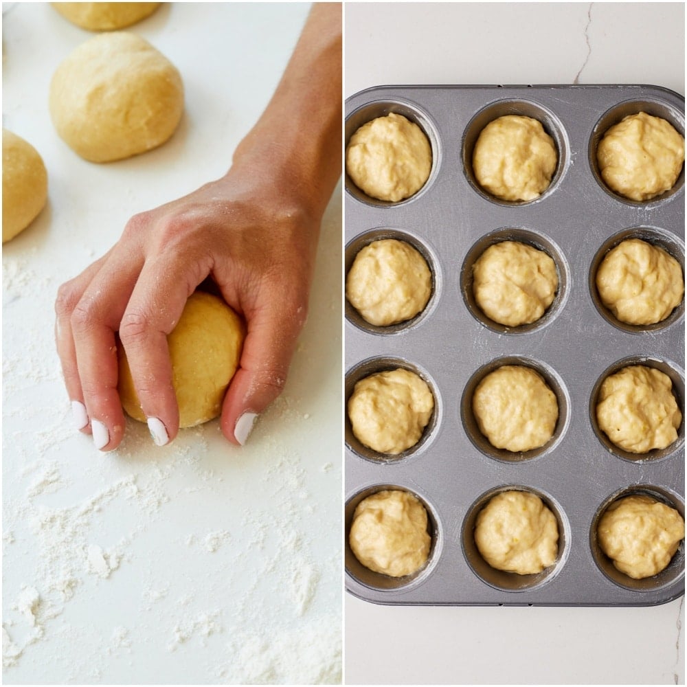 Sally Lunn Buns step8 With damp hands, divide the dough into 18 pieces (about 2 oz/57g each) and place them in the muffin cups.